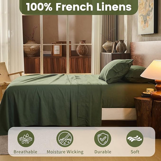 100% Linen Sheets Queen Size,Breathable & Durable 4-Piece Bed Flax Sheet Set,Soft All-Season Bedding for Hot Sleepers 16" Deep Pocket Oeko-TEX Certified,(Queen, Forest Green)
