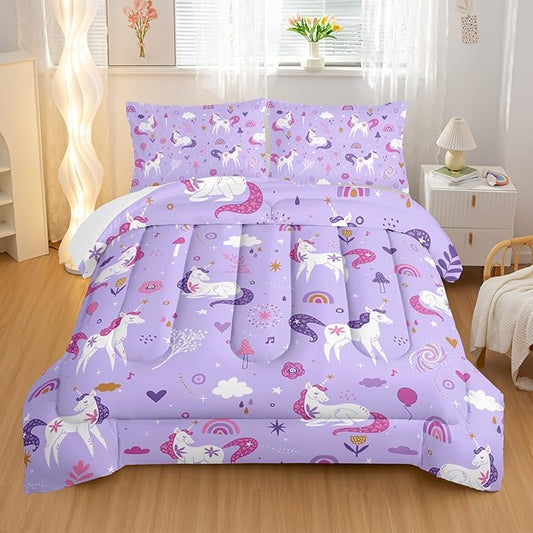 Unicorn 3 Piece Bedding Set King Size-Purple 3 Pieces Bedding Set for Kids, Unicorn Girls Comforter Set, Rainbow Clouds Star Quilt Set (1 Comforter 2 Pillowcase), All Seasons