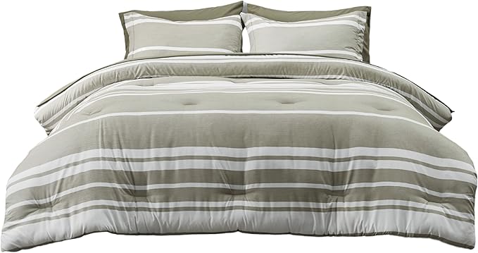 Bedsure Twin Comforter Set 5 Pieces, Olive Green Striped Bedding Set for All Seasons, Reversible, Cationic Dyeing Bed in a Bag with Comforter, Sheets, Pillowcase & Sham