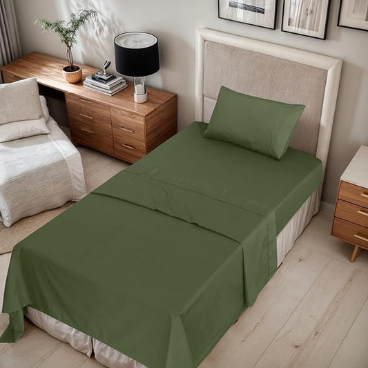 RUVANTI 100% Cotton Sheets – Twin Size Percale Bedding, Cooling & Breathable, Durable with a Crisp, Soft & Comfortable Feel, 16" Deep Pocket, 3-Piece Set, Chive