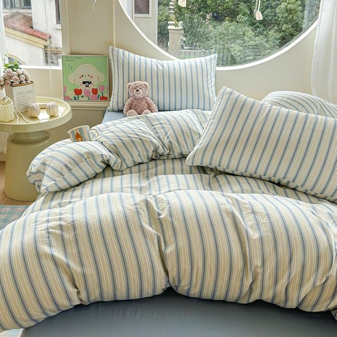 EAVD Vintage Striped Duvet Cover Queen Soft 100% Muslin Cotton Linen Feel Gauze Farmhouse Blue Vertical Striped Pattern Bedding Set for Men Women Reversible Geometric Duvet Cover with Zipper Closure