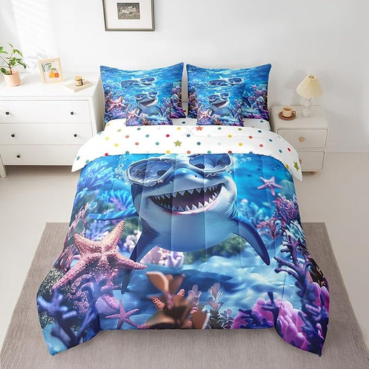 Cartoon Shark Comforter Set King Size,Kawaii Marine Fish Animal Bed Set 7pcs with Comforter,Fitted Sheet,Flat Sheet,2 Pillowcases,2 Throw Pillow Covers,Colorful Starfish Coral Bedding Set