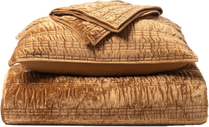 EVERGRACE Luxury Ruched Velvet Quilt Queen Size, Ultra Soft Bedspread Coverlet Set, Lightweight Velvet Comforter, Quilted Bedding Cover with 2 Matching Shams for All Season, Gold Yellow