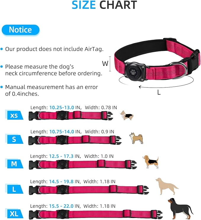 Upgrade Dog Collar with AirTag Holder, IP68 Waterproof, Hot Pink, XL | Built-in Water Resistant AirTag holder, 1000D Nylon, Reflective Stitching for Night Visibility, Soft padding for Comfort