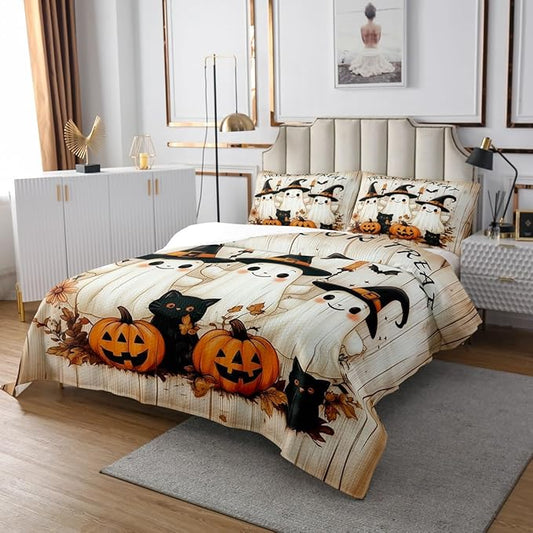 Cartoon Ghost Kids Bedspread Twin Size,Pumpkin Black Cat Happy Halloween Coverlet Set,Boys Girls Room Decor,Maple Wooden Plank Rustic Farmhouse Quilted Coverlet,Retro Bedding Quilt,1 Pillowcase