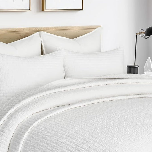 EVERGRACEHOME Cross Stitch Pre-Washed Cotton Quilt Bedding Set King Size, Oversized 3 Pieces Lightweight Bedspread Coverlet for All Season, with 2 Matching Shams, Bright White,108"x96"