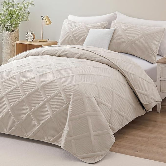 Exclusivo Mezcla King Quilt Set- Brich Beige Quilts Bedding Set with 2 Pillow Shams, Modern King Bedspread with Striped Pattern, Soft Lightweight Bedspreads Coverlets for All Seasons