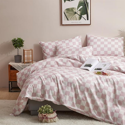 Houseri White Plaid Comforter Set - Twin Size, Girls & Boys, Pink Grid & Checkerboard Pattern, Soft & Comfy, Perfect for Kids & Dorm Beds