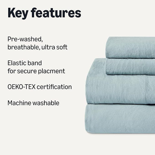 Amazon Basics Brushed Microfiber Sheet Set, Extra Soft with Natural Texture, 4-Piece, Full, Blue, Deep Pocket