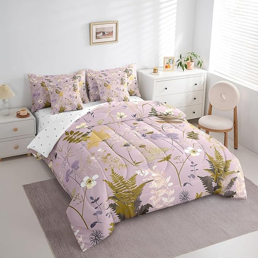 Castle Fairy Rustic Jungle Leaves Comforter Set Bed in a Bag 7 Pieces Twin,Retro Botanical Flowers Leaves Bedding Set,Farmhouse Style (Comforter+Fitted+Flat Sheet+2 Pillowcases+2 Throw Pillow Covers)