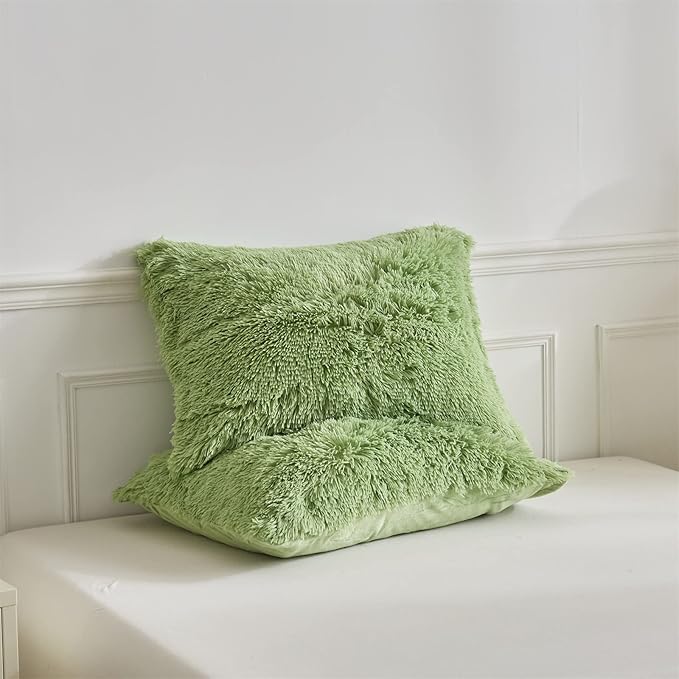 Wajade Faux Fur Plush White Comforter Set Fluffy Fuzzy Shaggy Bedding Set - 3PC Full/Queen Microfiber Soft Warm Quilt Set (Sage Green, King)