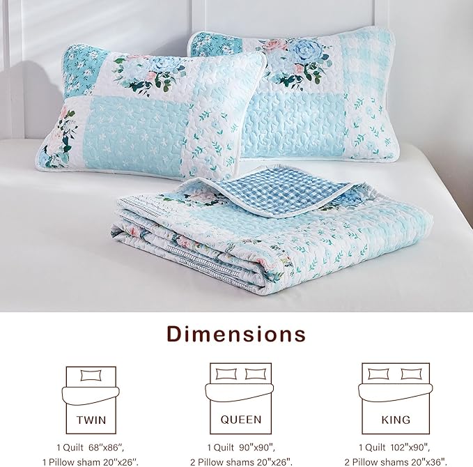 Joyreap 3 Pieces Floral Patchwork Quilt Set King, Blue n White Flowers Design, Soft n Cozy Microfiber Quilt, Bedspread Bed Cover for All Season, 1 Quilt and 2 Pillow Shams- 102x90 inches