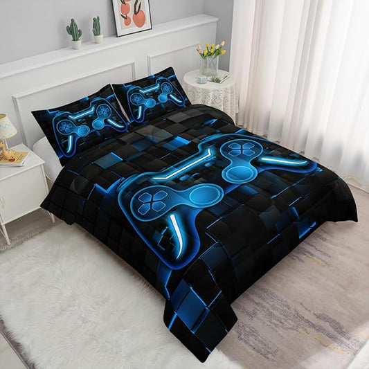 Axolotl Gamepad Comforter Set Full Size,Blue Grid Print Bedding Set,Boys Gaming Console Comforter Set,Modern Gaming controller Geometry Bedding Set for Adult Teens Men,1 Quilt 2 Pillowcases,Blue Black