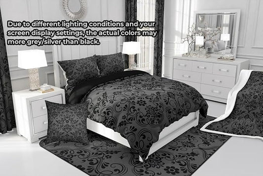 Feelyou Adults Black Vintage Damask Floral Comforter Set Oriental Antique Comforter King Size Gothic Bohemia Boho Flower Bedding Set Bohemian Exotic Duvet Set Quilt Set 3Pcs
