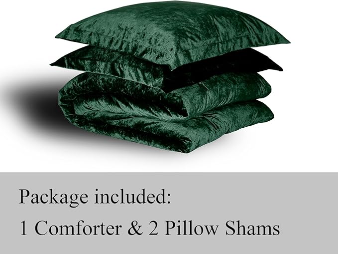 TAMGHO Dark Green Comforter Queen, Crushed Velvet Bedding for All Seasons, Luxury Fluffy Soft 3pc Bed Set Includes 1 Comforter (92"x96") and 2 Pillow Shams (20" x26), Dark Emerald Green | Soft, Medium Fill Weight, Velvet Texture