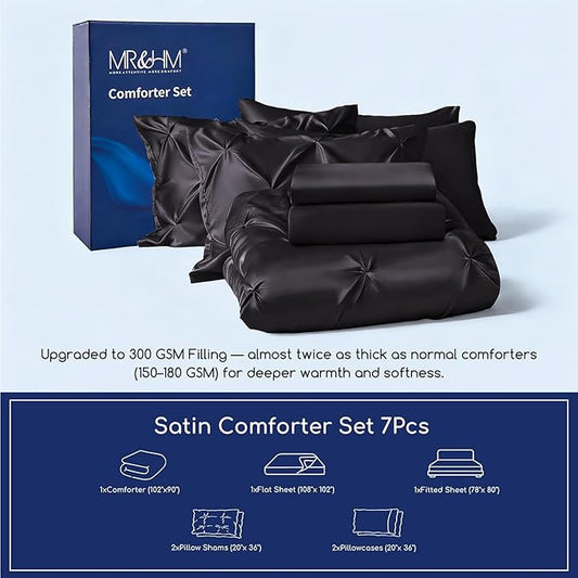 MR&HM Satin Comforter King 7 Pieces - Luxurious Pinch Pleat Bedding Set with Comforter, Flat Sheet, Fitted Sheet, Pillowcases & Shams, Super Silky Soft Bed Set for All Season (King, Black)