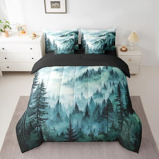 Erosebridal Green Teal Misty Forest King Comforter Set with Sheets 7 Piece Mountain Foggy Woodland Bed in A Bag Rustic Pine Tree Bedding Sets for Kids Adults,Watercolor Nature Theme Bed Set