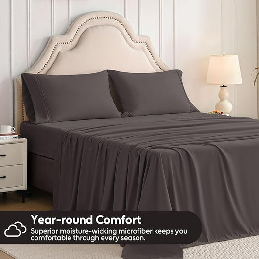 Twin Sheets Set, 3 Pieces Hotel Luxury Soft Microfiber Bed Sheets Set, Up to 16" Deep Pockets, Oeko-Tex Sheets with Elastic, Breathable, Wrinkle Free (Dark Gull Gray,Twin)