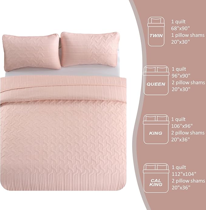 Yiran Blush Pink Quilt Set Queen Size, 3 Piece Reversible Bedspreads Bedding Set, Fall Wave Striped Pattern Coverlet for All Season with 2 Pillow Shams (Full/Queen, 96x90 Inch)