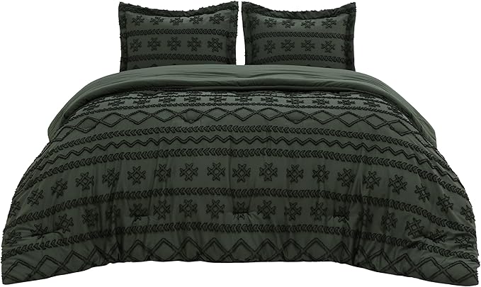 Bedsure Tufted Boho Comforter Set Queen Size - Olive Green Boho Bed Set, GentleSoft™ 3 Pieces Farmhouse Shabby Chic, Home Decor Bedding, Gifts for Woman, Soft Jacquard Queen Comforter for All Seasons