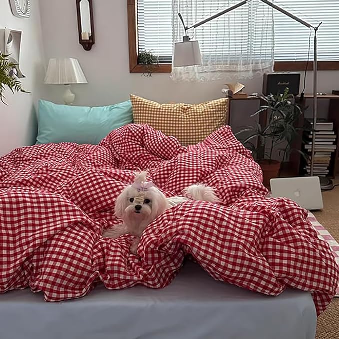 Nayoroom Red Gingham Duvet Cover Queen Size 100% Washed Cotton Plaid Checkered Duvet Cover 3 Pieces Soft Breathable Grid Farmhouse Dorm Bedding Set for All Seasons