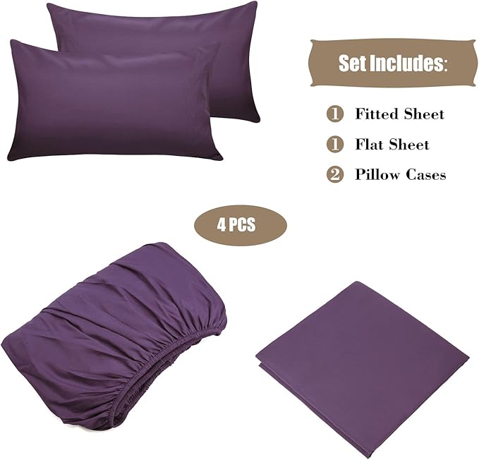 4 Piece Bed Sheet Set (Queen,Purple) 1 Flat Sheet,1 Fitted Sheet and 2 Pillow Cases,Brushed Microfiber Luxury Bedding with Deep Pockets