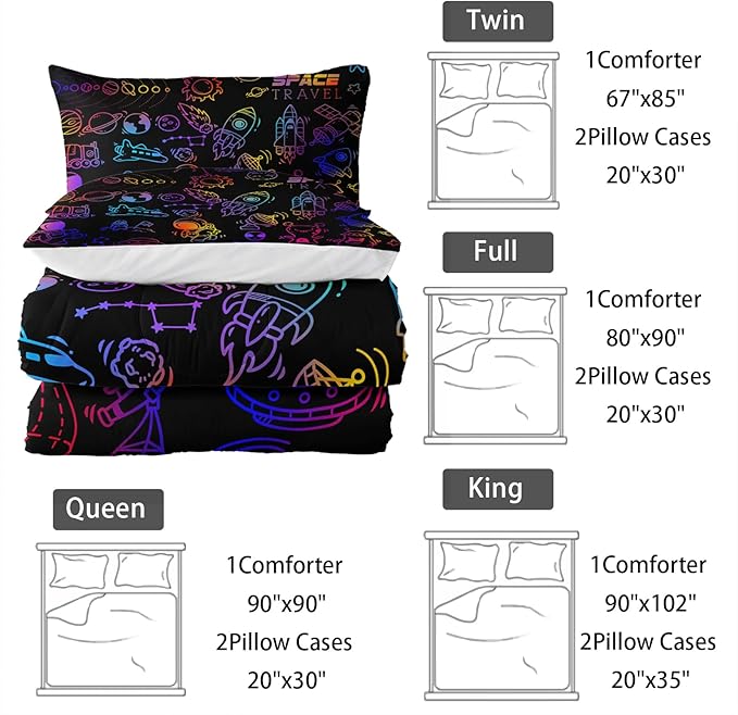 Cartoon Space Comforter Set for Kids Boys Girls,3 Pieces Outer Space Bedding King Size,Rocket Planet Spaceship Travel Toddler Bedding Set for Teen Boy Room Decor with 1 Comforter 2 Pillowcase