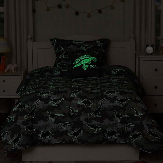 Twin Comforter Set for Boys-3 Pieces Dinosaur Glow in the Dark Twin Bedding Sets for Kids,1 Comforter,1 Sham and 1 Decor Pillow