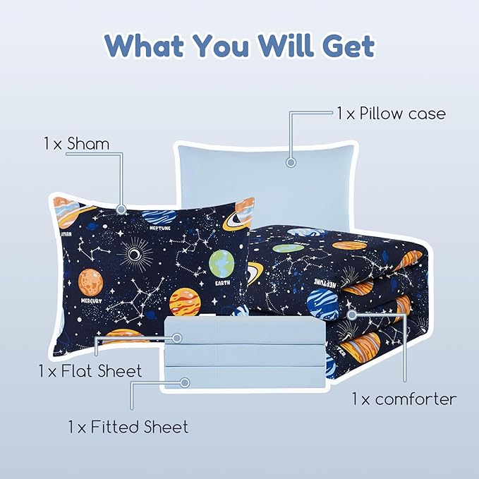 Twin Comforter Set for Boys-5 Pieces Space Glow in the Dark Twin Bedding Sets for Kids, Ultra Soft Bed in A Bag with Sheets