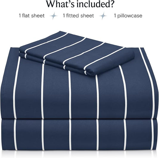 LuxClub Striped Sheets, 3 PC Striped Bed Sheets Twin Size, Deep Pockets 18" Eco Friendly Wrinkle Free-Kids-Fitted Sheets Machine Washable Hotel Bedding (Twin, Navy)