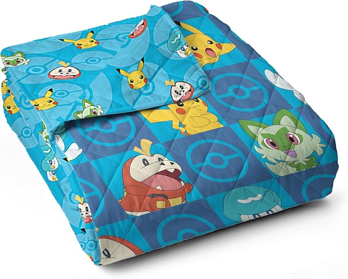 Pokemon Power Squares Full/Queen Quilted Throw Blanket Adults Boys Girls, Soft Lightweight Bedding for Bed, or Couch, 90 x 90 inches