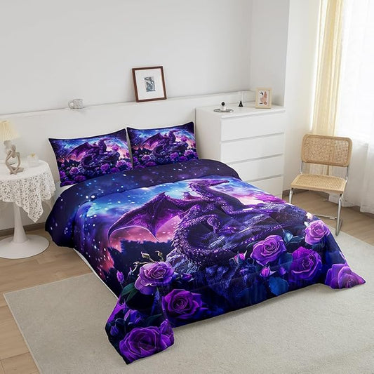 Purple Dragon Comforter Set Full Size,Galaxy Starry Sky Nebula Duvet Insert 3Pcs,Blossom Flower Rose Bedding Set for Kids Boys Girls Room Decor,Glitter Retro Wild Animal Quilt Set,2 Pillowcases