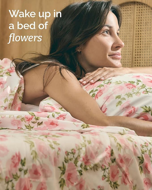 Floral Sheets - Pink Floral Bed Sheet Set - 1 Flat, 1 Fitted & 1 Pillowcase w/ Deep Pockets - Comfy, Wrinkle & Fade Free - Boho Botanical Bedding - Ultra-Soft, Breathable & Cooling - Twin XL Size Set