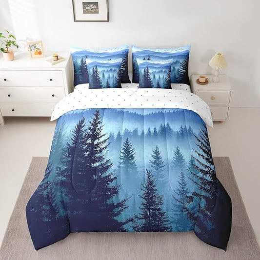 Erosebridal Dark Blue Queen Comforter Set with Sheets Mountain Pine Tree Forest Bedding Sets 7 Piece Rustic Woodland Nature Landscape Bed in A Bag for Kids Boys Teen Men,Soft Lightweight Bed Set