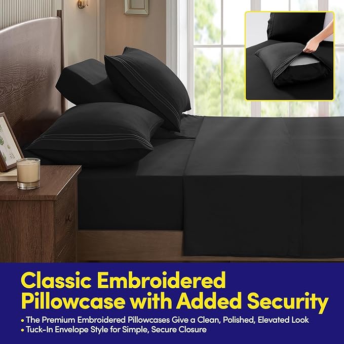 Split Head King Sheets Set for Adjustable Beds 4 Piece Flex Top Bed Sheets โ Deep Pocket Split Top Fitted Sheet with Built-in Corner Straps, Luxury Soft Cooling Bedding, Wrinkle Resistant, Black