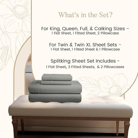 100% Egyptian Cotton XL Twin Sheets Set, 800TC Sateen Weave 3PC Twin XL Bed Sheets, 15" Deep Pocket Fully Elasticated Sheet & Pillowcase Sets, Soft & Comfy Machine Washable Fade Resistant - Silver