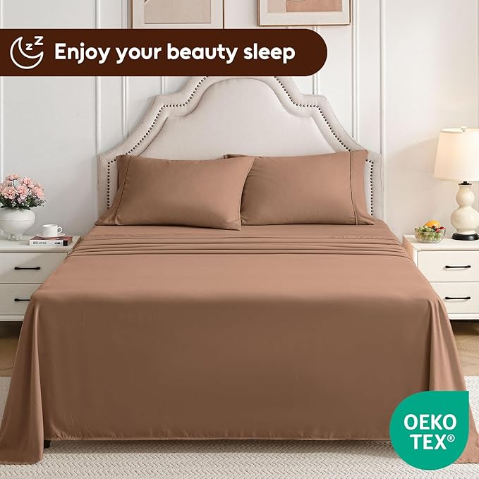 Full Size Bed Sheets Set, 4 Pieces Hotel Luxury Soft Microfiber Bed Sheets Set, Up to 16" Deep Pockets, Oeko-Tex Sheets with Elastic, Breathable, Wrinkle Free (Brown,Full)
