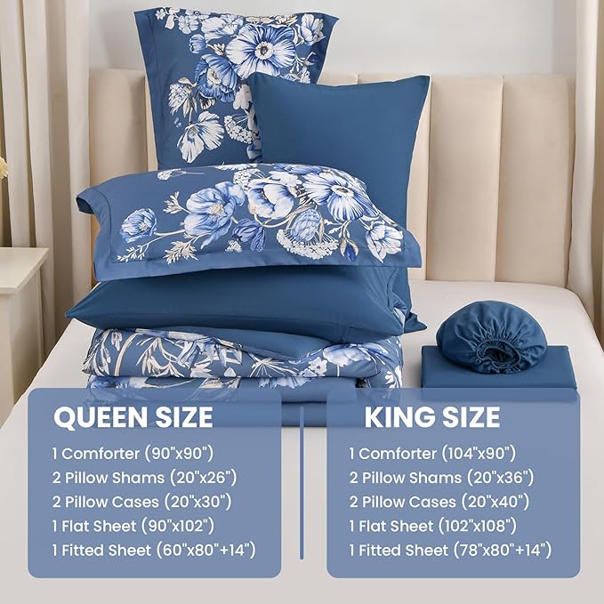 King Size Comforter Set - 7 Pieces Floral Comforter and Sheet Set, Blue King Size Bed in a Bag, Soft Microfiber Flower Complete Bedding Set for All Seasons(Blue,104"x90")
