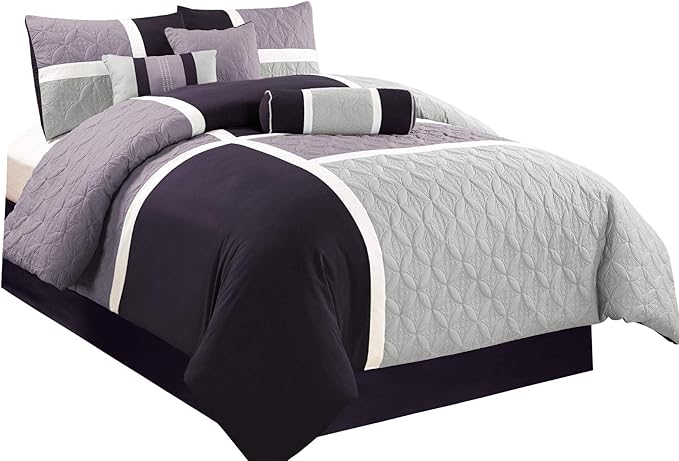 Chezmoi Collection Upland 7-Piece Quilted Patchwork Comforter Set, Lavender/Gray/Purple, Full