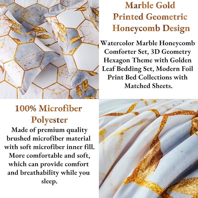 ANGIYUIN 7 Pieces White Gold Comforter Set Full Geometric Foil Print Bed Set Marble Hexagon Bedding Sets Ultra Soft Honeycomb Bed in A Bag for All Season (White Full)