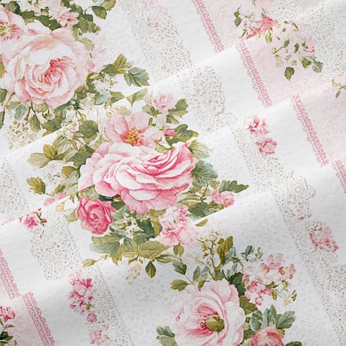 Women 7Pcs Romantic Roses Floral Bedding Set, Full Size Pink Flowers Comforter Set, 1 Comforter 79"x 90" and 2 Pillowcases, 1 Fitted Sheet, 1 Flat Sheet, 2 Pillow Shams