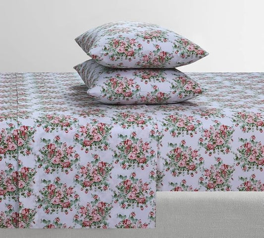 Feather & Stitch Softest 100% Cotton Sheets, 300 Thread Count Percale Weave Bedding, 16" Deep Pocket, Cooling Sheets, Breathable Bed Set, Hotel Premium Quality (Queen, Floral)