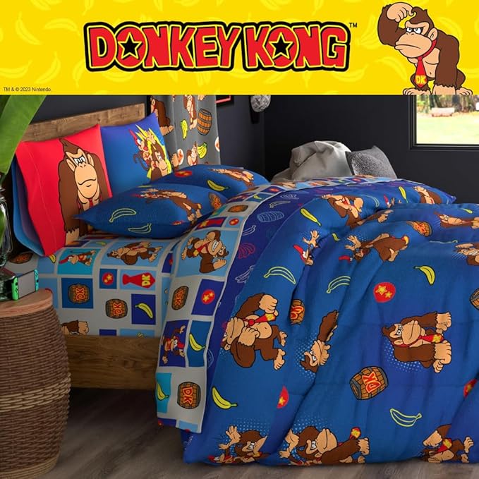 Collectibles Nintendo Donkey Kong Gaming Bedding 7 Piece Super Soft Reversible Comforter and Sheet Set with Sham, Full, (Officially Licensed Product) By Franco