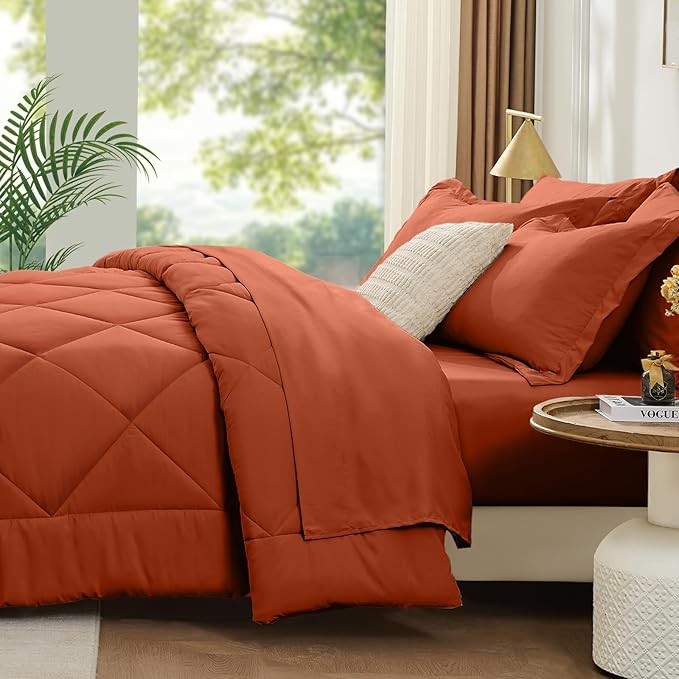 FUANNA 7 Pieces Queen Comforter Set, All Season Bed in a Bag Queen Size, Luxury Soft Bedding Sets with Comforter, Flat Sheet, Fitted Sheet, Pillowcases & Pillow Shams, Burnt Orange