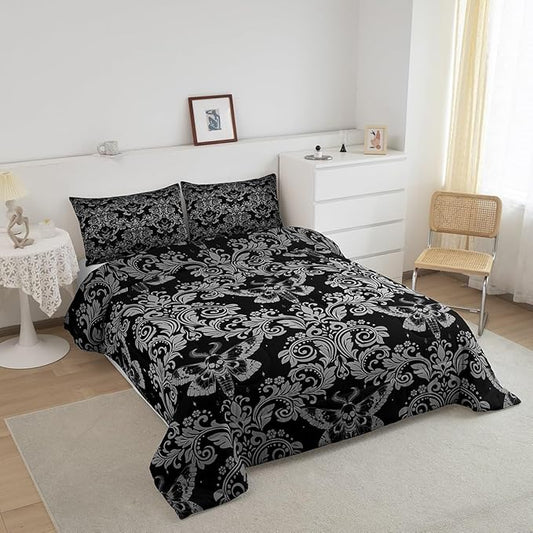 Feelyou Adults White Black Vintage Damask Floral Comforter Set Oriental Antique Comforter King Size Gothic Bohemia Boho Flower Bedding Set Gothic Skull Duvet Set Quilt Set 3Pcs