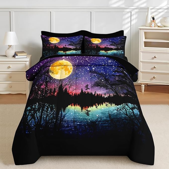 Nesker Comforter Set Queen Size, Starry Woodland Fantasy 7 Pcs Bedding for Kids and Adults, Purple Lake Moonlight Bed Sheet Sets with Fitted Sheet 2 Pillowcases & 2 Shams
