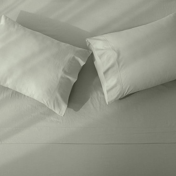 JIYUAN California King Size Sheet Set, 4-Piece - 100% Washed Cotton, Linen-Like Soft & Breathable, Includes Deep Pocket Fitted & Flat Sheet with 2 Pillowcases, Hotel Quality, Heathered Sage Green