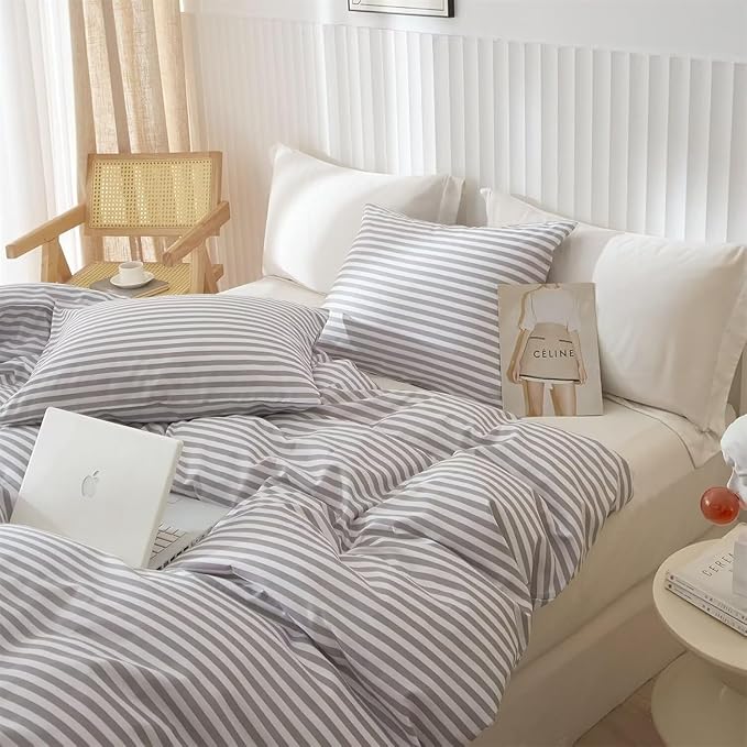LifeTB Queen Comforter Set Grey White Stripes Comforter 3 Pieces Fluffy Soft Lightweight Bedding Comforter for All Season Down Alternative Comforter Boho Farmhouse Bedding Striped Comforter Set