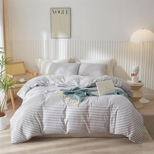 King Size Comforter Set 3 Pieces Striped Comforter Set King Modern Style Boho Bedding Comforter White Grey Stripes Pattern Comforter Set Fluffy Lightweight Farmhouse Bed Comforter for All Season
