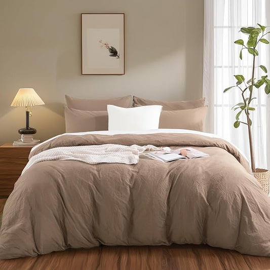 NEXHOME PRO 100% Washed Cotton Duvet Cover Queen Size, Ogranic Natural Linen Feel Breathable Bedding Set with Zipper Closure, 3 Pieces Duvet Cover Set Toffee (No Comfortert) 9090